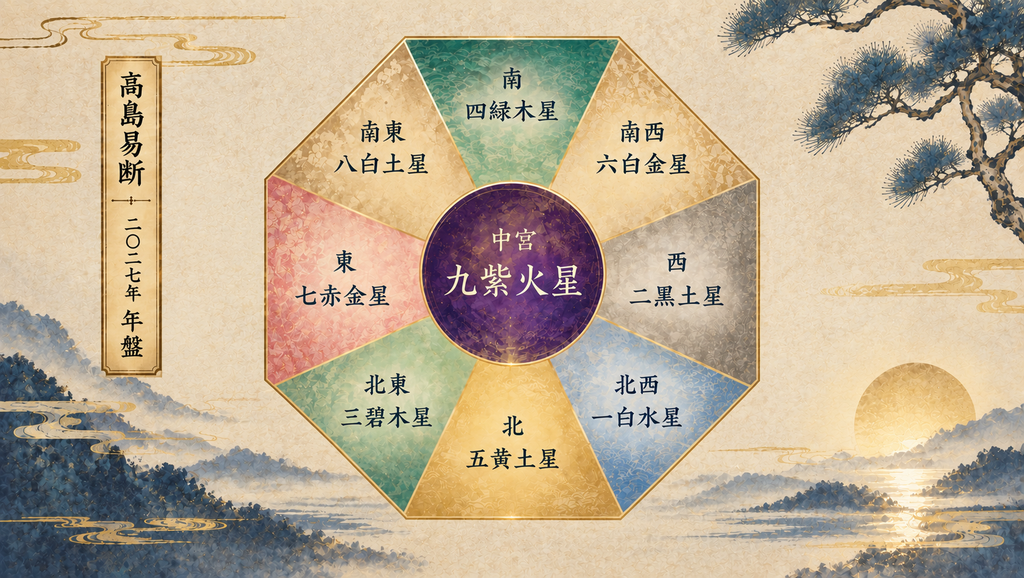 2027年(令和9年)の九星気学の年盤。中宮に九紫火星、北に五黄土星、北西に一白水星が回座している