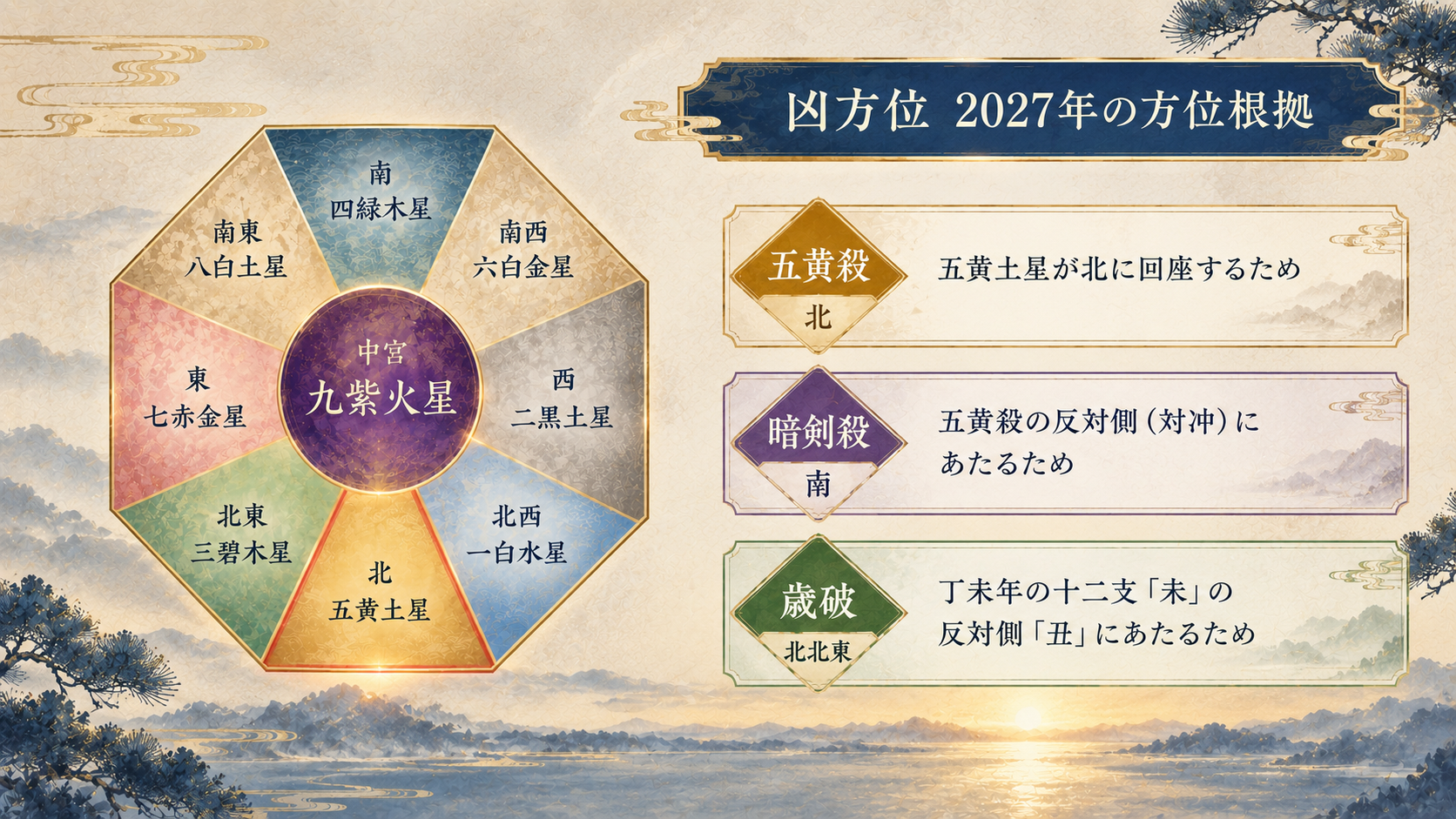 2027年の共通凶方位。北が五黄殺、南が暗剣殺、北北東が歳破