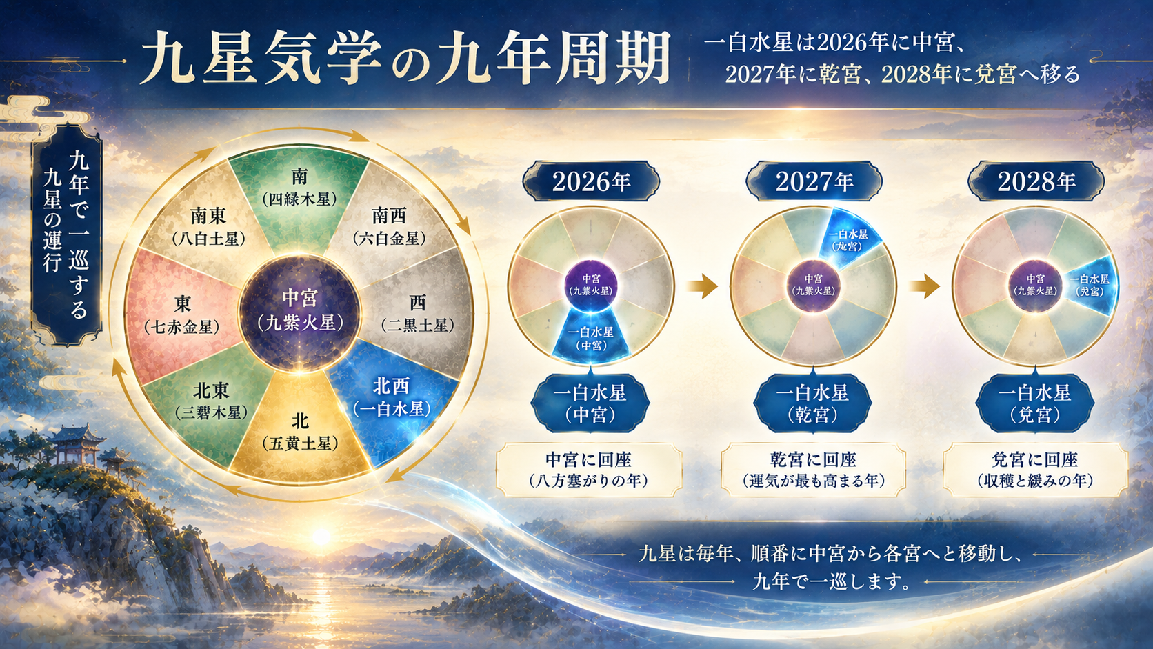 九星気学の九年周期。一白水星は2026年に中宮、2027年に乾宮、2028年に兌宮へ移る