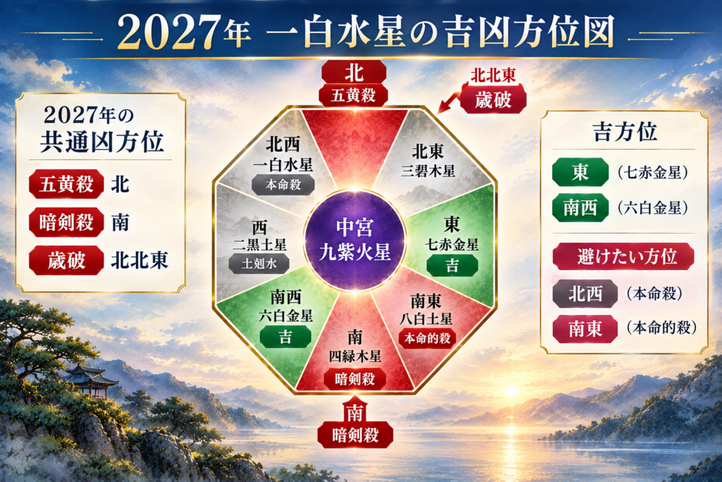 2027年の一白水星の方位。東と南西が吉方位、北・南・北北東・北西・南東が凶方位